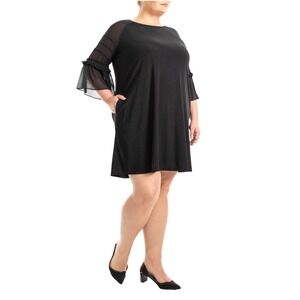 Nina Leonard Plus Size 3X Black Sheer Bell Sleeve Shift Dress Pockets